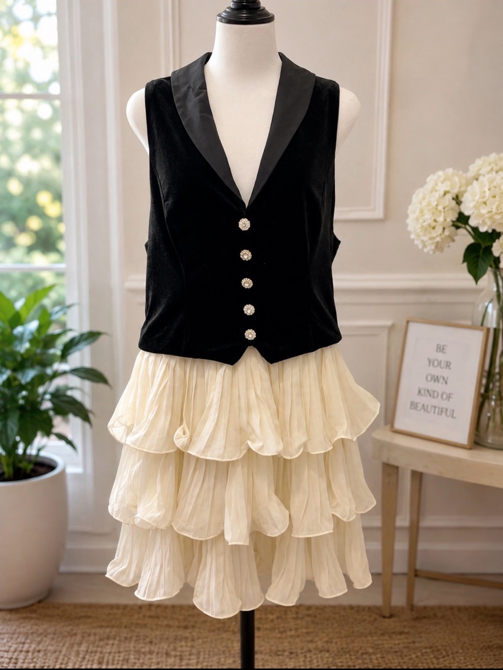 Sugarlips Black Velvet tuxedo Vest with Ivory Tiered Ruffle Skirt dress size L